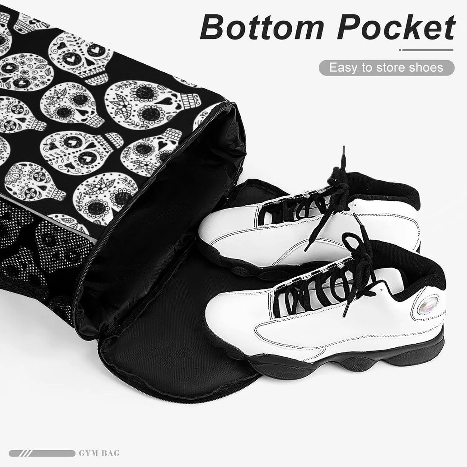 Cute Drawstring Bags Compatible with Floral Sugar Skull Black And White Gym Bag for Men Women Outdoor Swimming Cycling String Backpack with Zipper Pockets and Waterproof Compartment