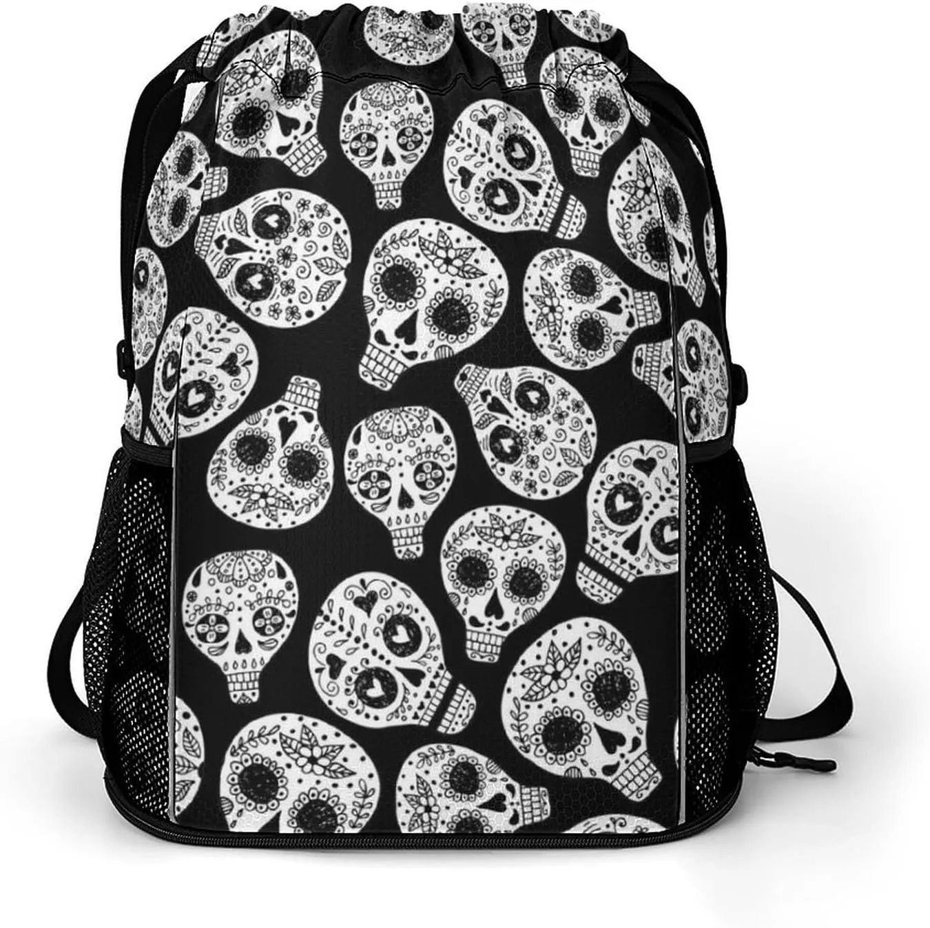 Cute Drawstring Bags Compatible with Floral Sugar Skull Black And White Gym Bag for Men Women Outdoor Swimming Cycling String Backpack with Zipper Pockets and Waterproof Compartment