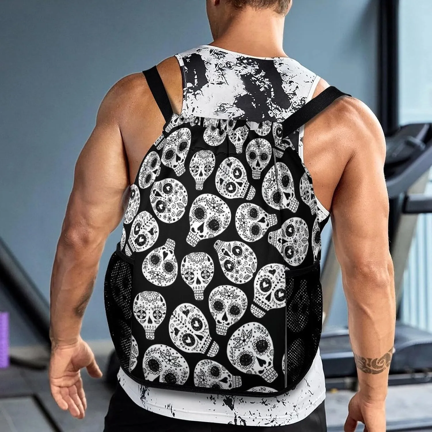 Cute Drawstring Bags Compatible with Floral Sugar Skull Black And White Gym Bag for Men Women Outdoor Swimming Cycling String Backpack with Zipper Pockets and Waterproof Compartment