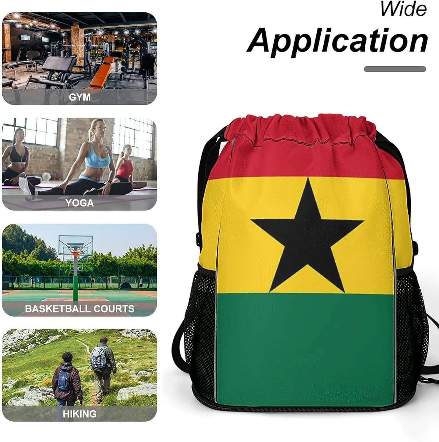 Cute Drawstring Bags Compatible with Ghana Flag Gym Bag for Men Women Outdoor Swimming Cycling String Backpack with Zipper Pockets and Waterproof Compartment