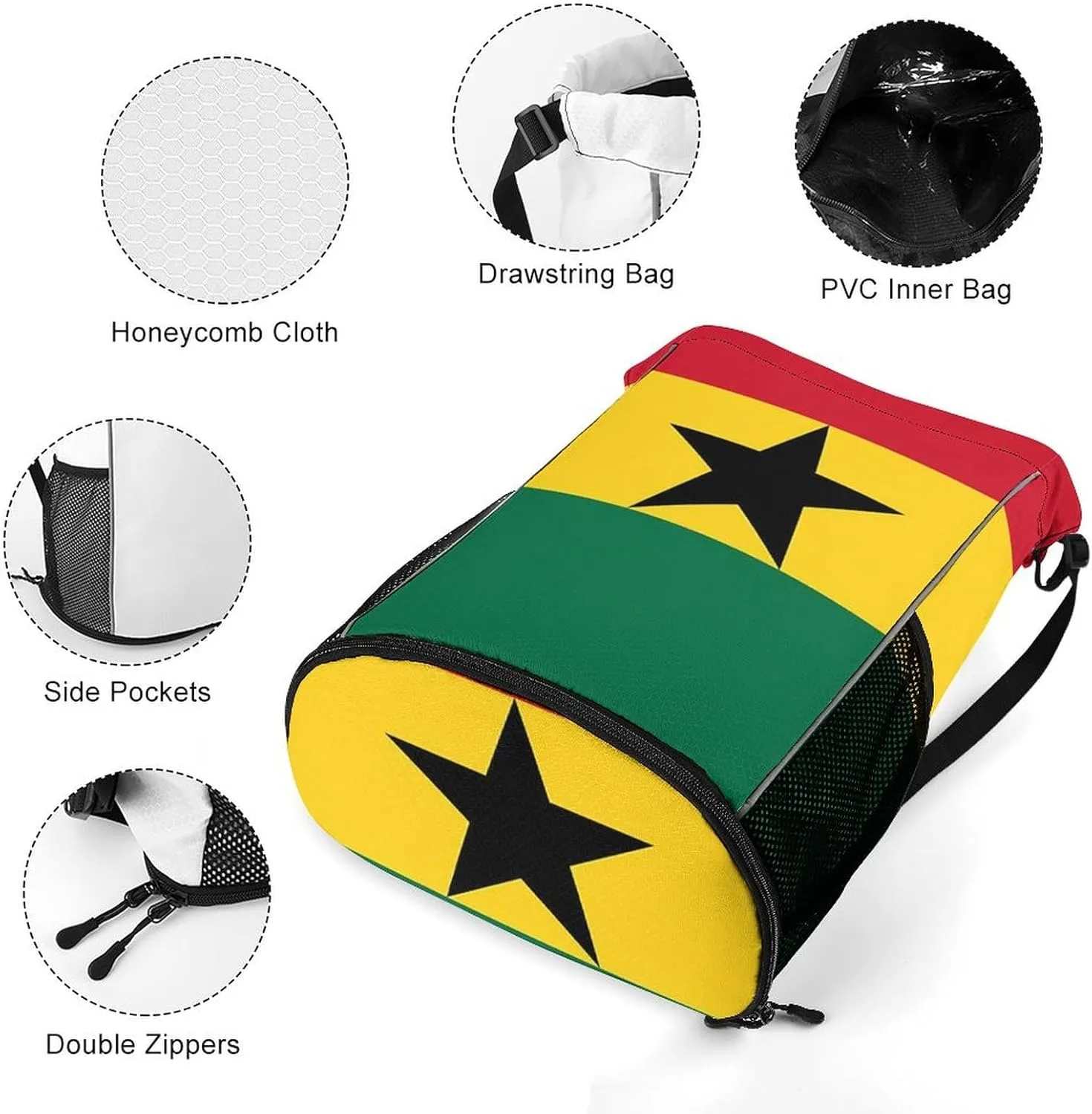 Cute Drawstring Bags Compatible with Ghana Flag Gym Bag for Men Women Outdoor Swimming Cycling String Backpack with Zipper Pockets and Waterproof Compartment