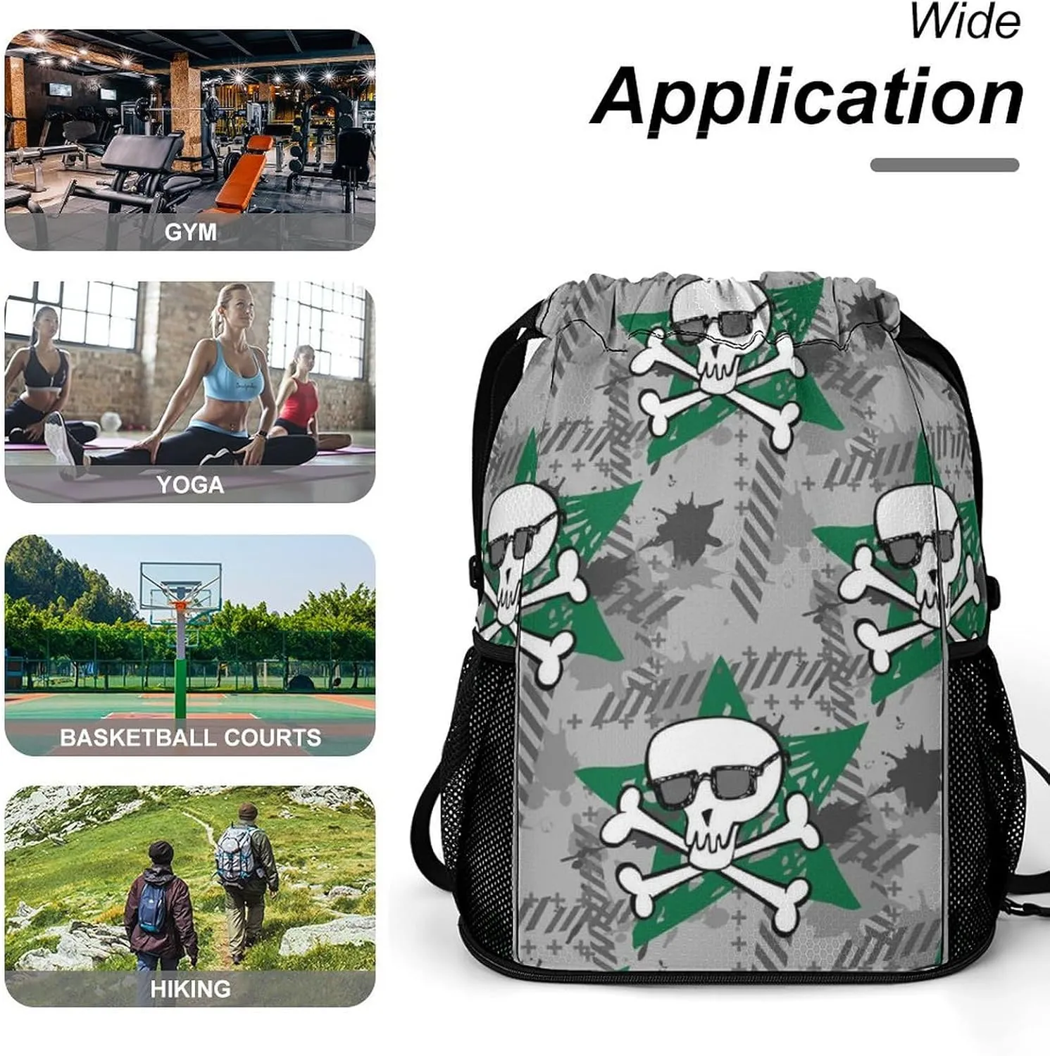 Cute Drawstring Bags Compatible with Old School Tattoo Line Skull Gym Bag for Men Women Outdoor Swimming Cycling String Backpack with Zipper Pockets and Waterproof Compartment