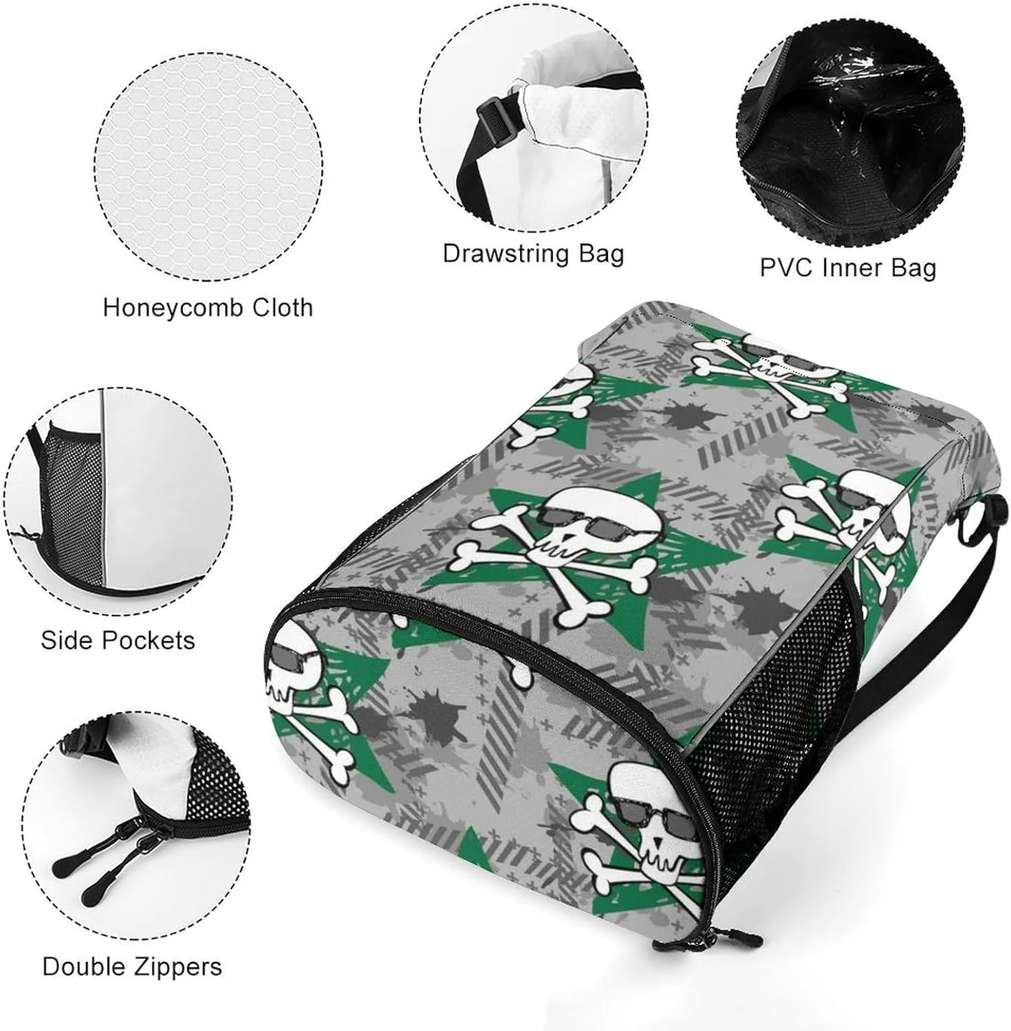 Cute Drawstring Bags Compatible with Old School Tattoo Line Skull Gym Bag for Men Women Outdoor Swimming Cycling String Backpack with Zipper Pockets and Waterproof Compartment