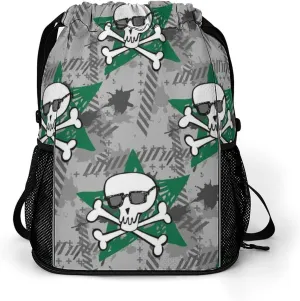 Cute Drawstring Bags Compatible with Old School Tattoo Line Skull Gym Bag for Men Women Outdoor Swimming Cycling String Backpack with Zipper Pockets and Waterproof Compartment