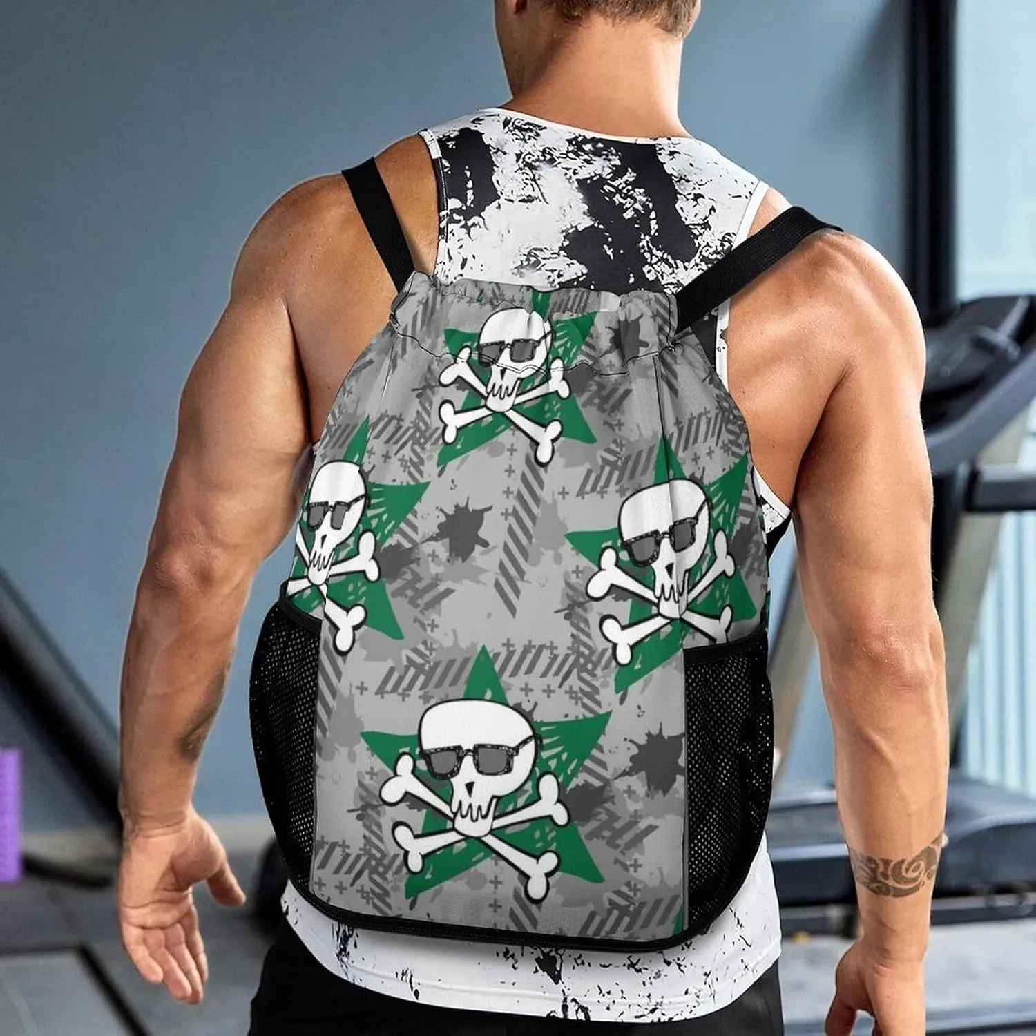Cute Drawstring Bags Compatible with Old School Tattoo Line Skull Gym Bag for Men Women Outdoor Swimming Cycling String Backpack with Zipper Pockets and Waterproof Compartment
