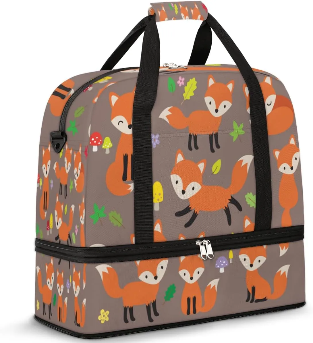 Cute Fox Mushrooms Travel Duffle Bag Durable Weekender Bag with Shoes Compartment Lightweight Overnight Bag Sports Dance Gym Tote Bag for Women and Men Carry on Luggage