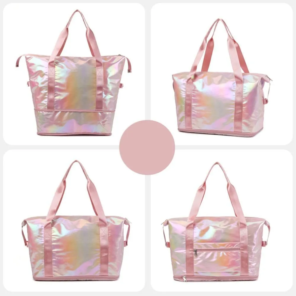 Dazzling Foldable Gym Bag for Women,Sports Travel Duffel Bag, Weekender Overnight Bag with Wet Pocket and Shoes Compartment for Women, Travel,Workout,Gym, Yoga G04 (Pink)