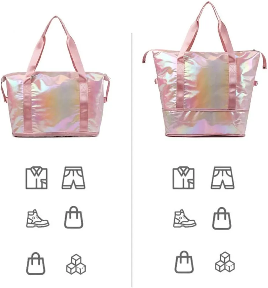 Dazzling Foldable Gym Bag for Women,Sports Travel Duffel Bag, Weekender Overnight Bag with Wet Pocket and Shoes Compartment for Women, Travel,Workout,Gym, Yoga G04 (Pink)