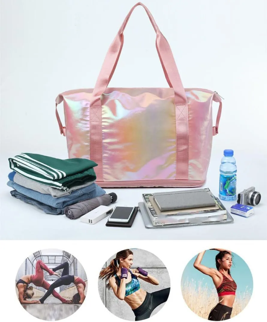 Dazzling Foldable Gym Bag for Women,Sports Travel Duffel Bag, Weekender Overnight Bag with Wet Pocket and Shoes Compartment for Women, Travel,Workout,Gym, Yoga G04 (Pink)
