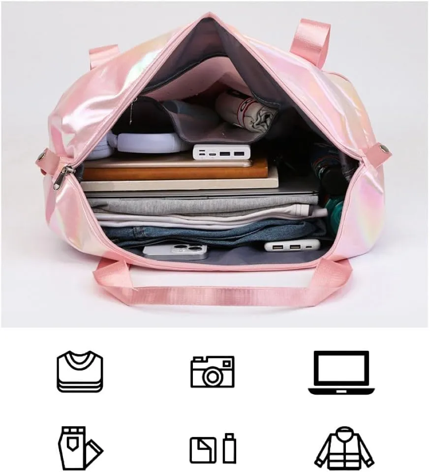 Dazzling Foldable Gym Bag for Women,Sports Travel Duffel Bag, Weekender Overnight Bag with Wet Pocket and Shoes Compartment for Women, Travel,Workout,Gym, Yoga G04 (Pink)