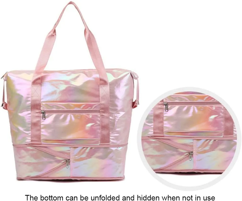 Dazzling Foldable Gym Bag for Women,Sports Travel Duffel Bag, Weekender Overnight Bag with Wet Pocket and Shoes Compartment for Women, Travel,Workout,Gym, Yoga G04 (Pink)