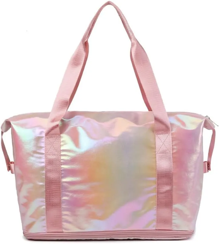 Dazzling Foldable Gym Bag for Women,Sports Travel Duffel Bag, Weekender Overnight Bag with Wet Pocket and Shoes Compartment for Women, Travel,Workout,Gym, Yoga G04 (Pink)