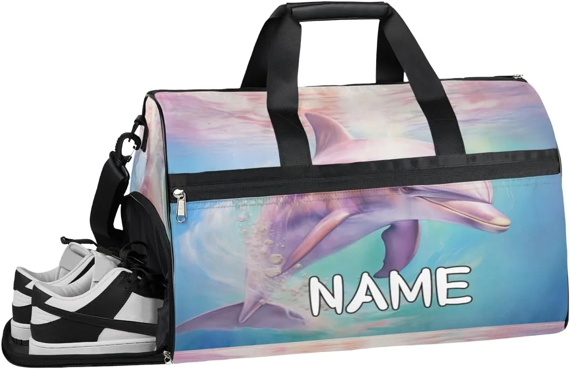 Dolphin Ocean Summer Sports Gym Bag with Wet Pocket & Shoes Compartment Travel Duffel Bag for Women Men Custom Sports Gym Bag Personalized Overnight Stay Weekend Tote Beach Luggage