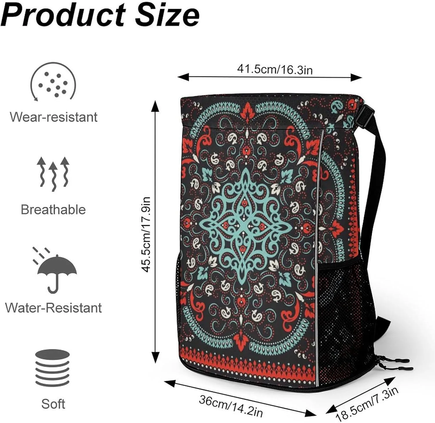 Drawstring Backpack 3D Print Cinch Bag Compatible with Traditional Floral Paisley Bandanna Pattern Red Black Gym Sack String Bag with Shoes Compartment and Small Zipper Pockets for Men Women