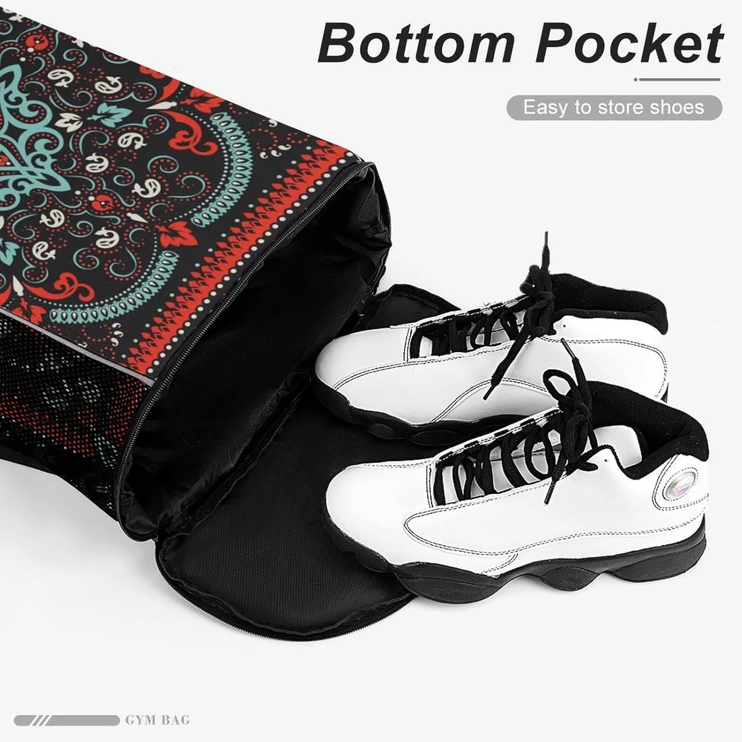 Drawstring Backpack 3D Print Cinch Bag Compatible with Traditional Floral Paisley Bandanna Pattern Red Black Gym Sack String Bag with Shoes Compartment and Small Zipper Pockets for Men Women