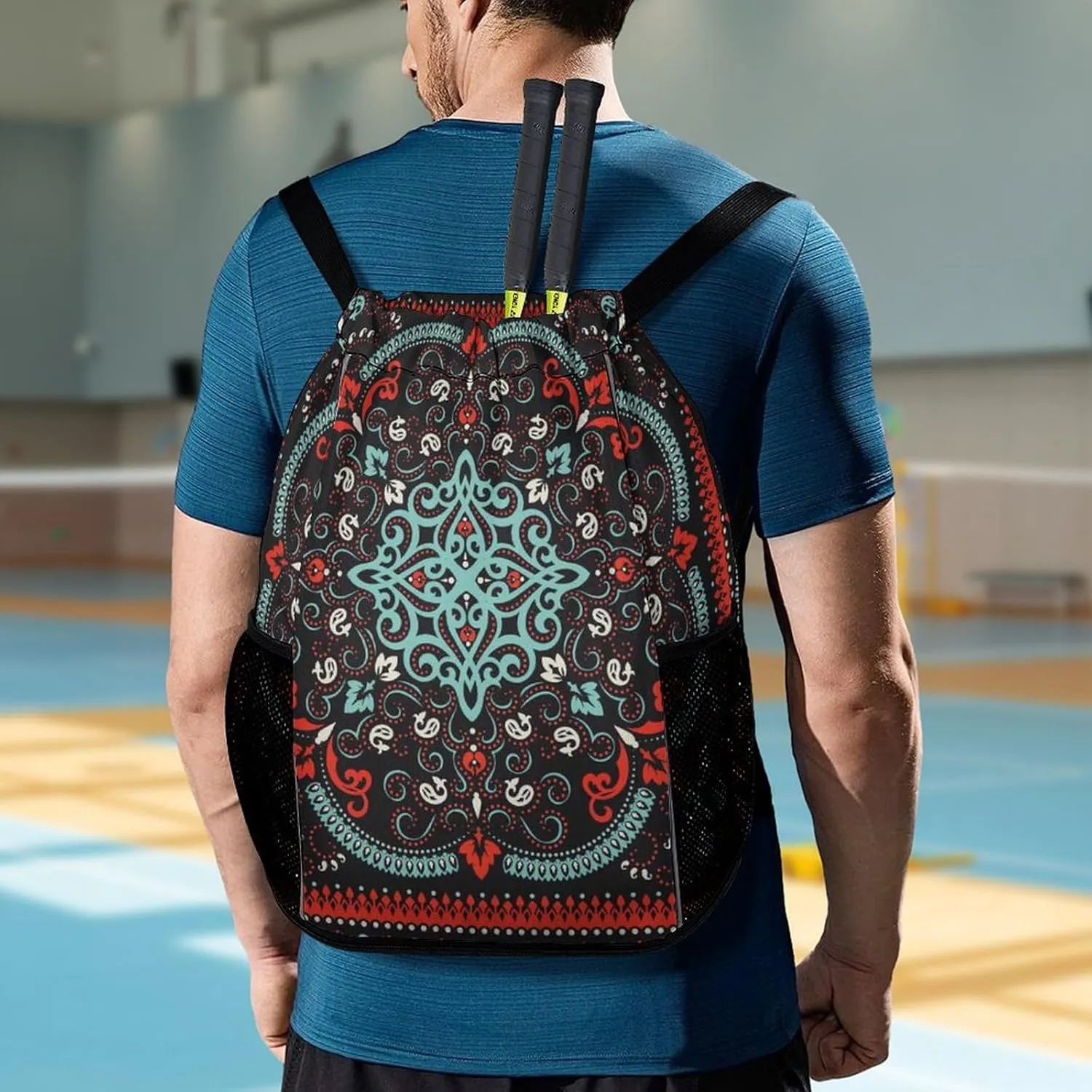 Drawstring Backpack 3D Print Cinch Bag Compatible with Traditional Floral Paisley Bandanna Pattern Red Black Gym Sack String Bag with Shoes Compartment and Small Zipper Pockets for Men Women