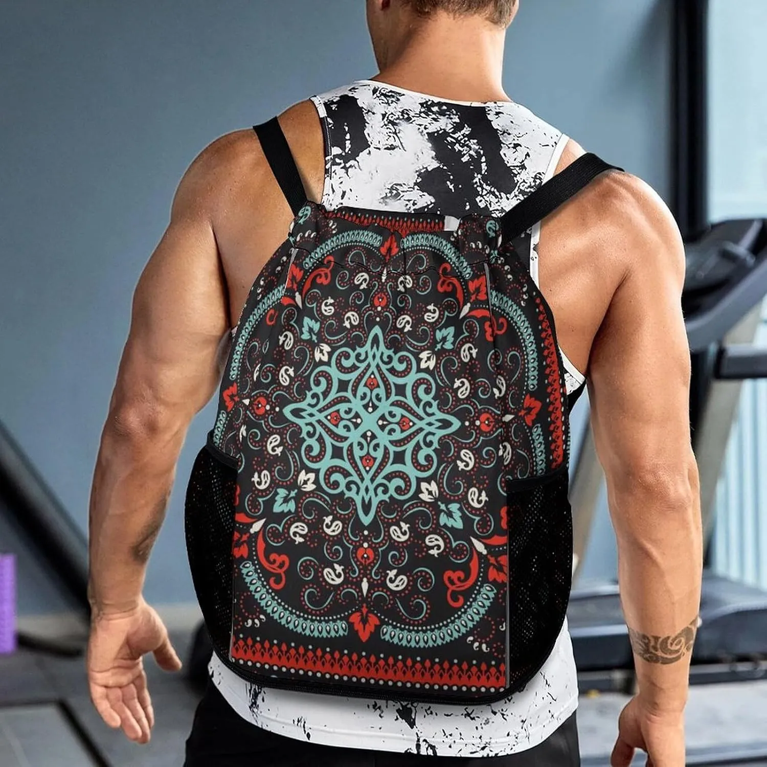 Drawstring Backpack 3D Print Cinch Bag Compatible with Traditional Floral Paisley Bandanna Pattern Red Black Gym Sack String Bag with Shoes Compartment and Small Zipper Pockets for Men Women