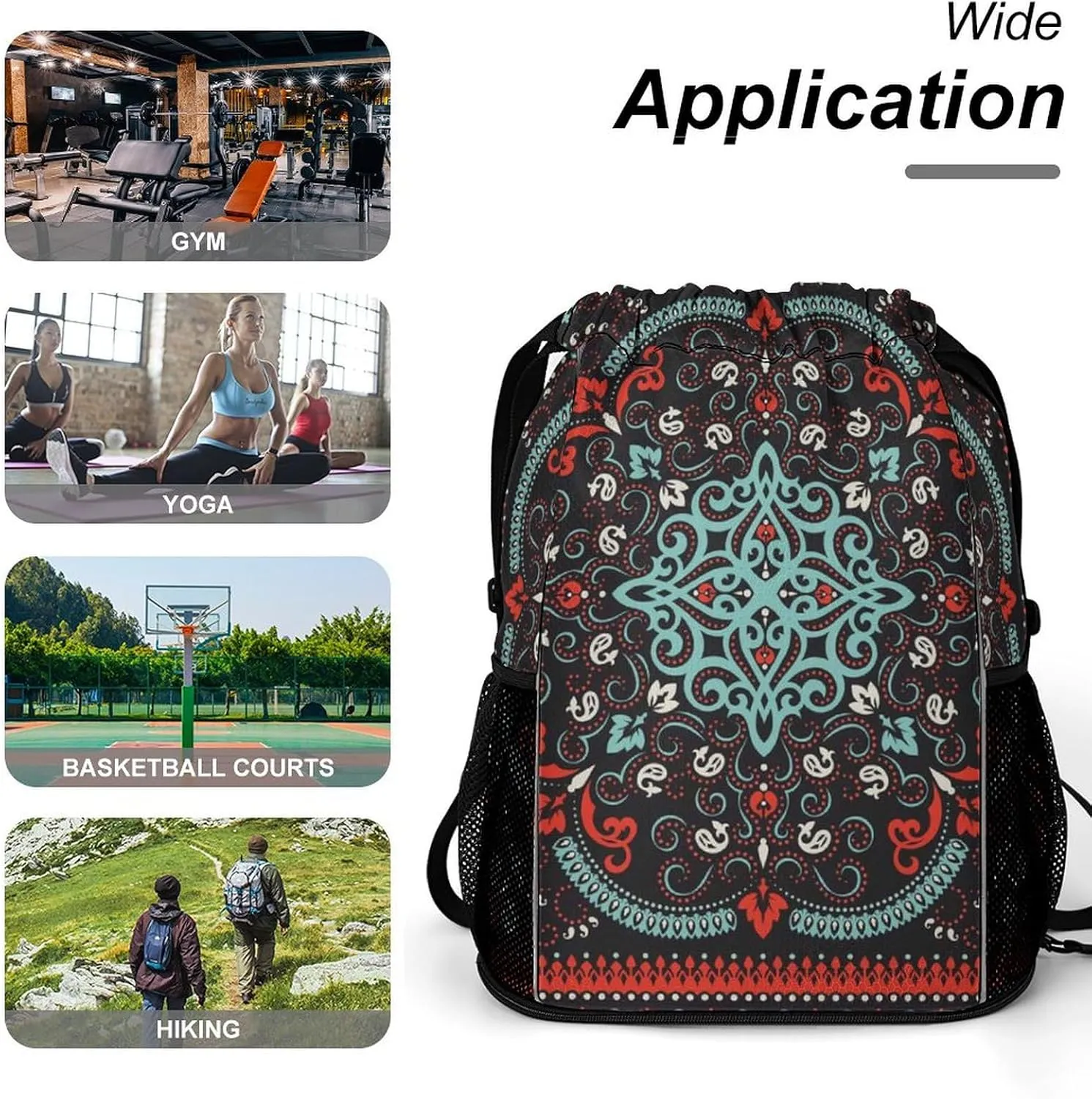 Drawstring Backpack 3D Print Cinch Bag Compatible with Traditional Floral Paisley Bandanna Pattern Red Black Gym Sack String Bag with Shoes Compartment and Small Zipper Pockets for Men Women