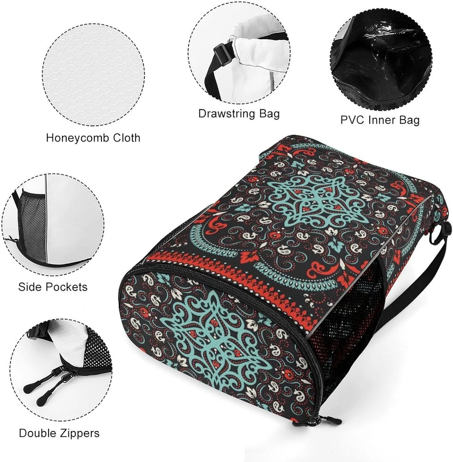 Drawstring Backpack 3D Print Cinch Bag Compatible with Traditional Floral Paisley Bandanna Pattern Red Black Gym Sack String Bag with Shoes Compartment and Small Zipper Pockets for Men Women