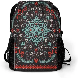 Drawstring Backpack 3D Print Cinch Bag Compatible with Traditional Floral Paisley Bandanna Pattern Red Black Gym Sack String Bag with Shoes Compartment and Small Zipper Pockets for Men Women