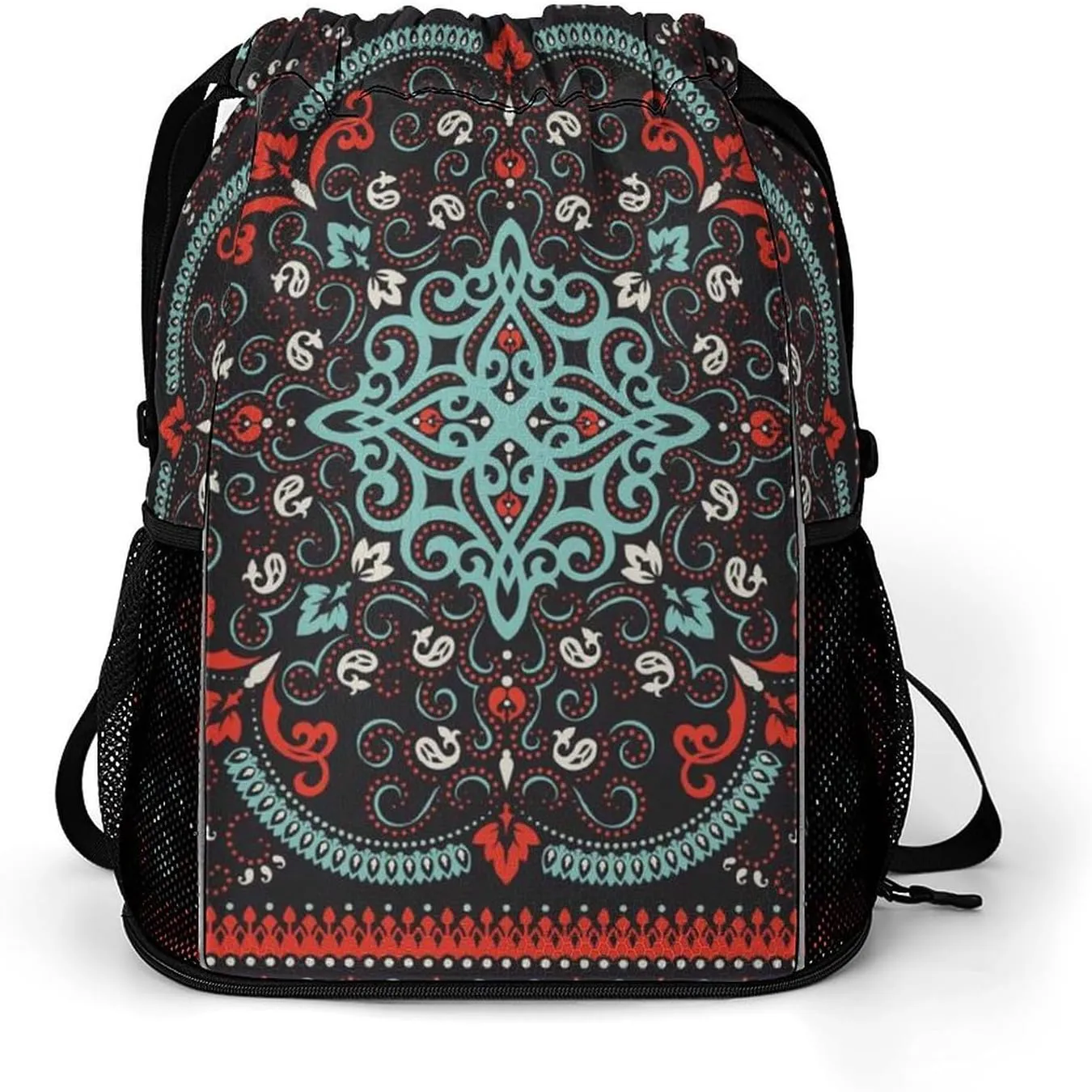 Drawstring Backpack 3D Print Cinch Bag Compatible with Traditional Floral Paisley Bandanna Pattern Red Black Gym Sack String Bag with Shoes Compartment and Small Zipper Pockets for Men Women