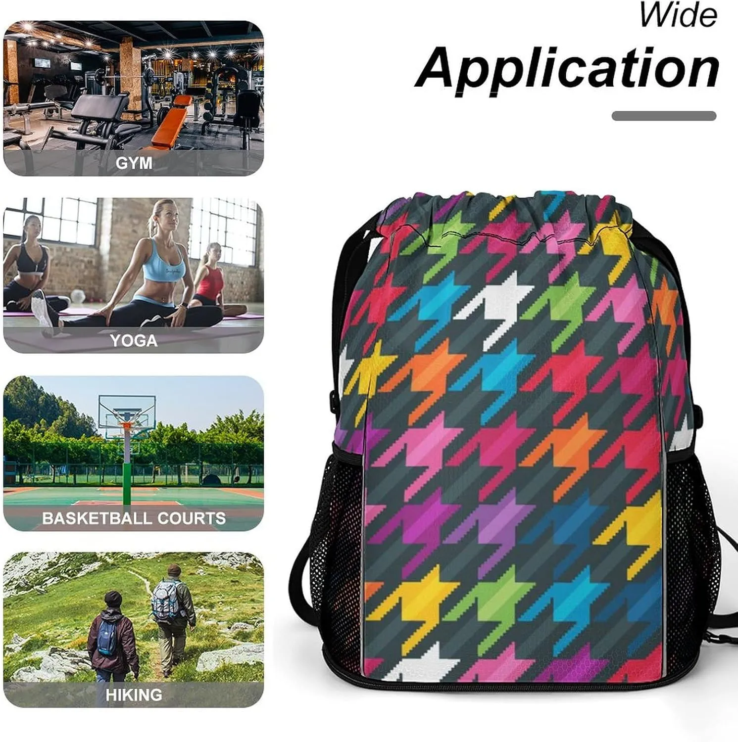 Drawstring Backpack Bag Sackpack Gym Bag Sport Beach Daypack Compatible with Houndstooth Plaid White Red Green Pattern for Men Women Cycling Hiking Team Training