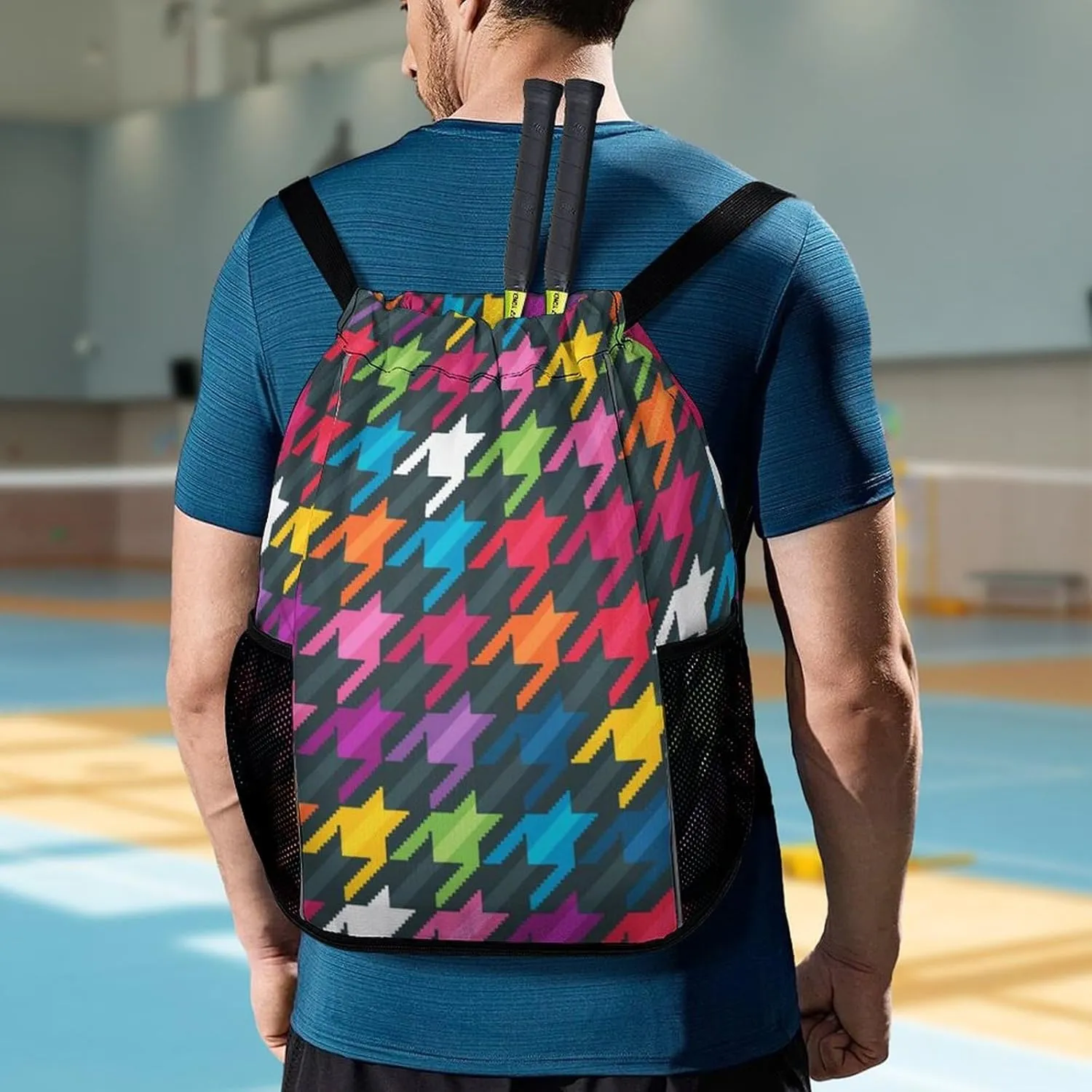 Drawstring Backpack Bag Sackpack Gym Bag Sport Beach Daypack Compatible with Houndstooth Plaid White Red Green Pattern for Men Women Cycling Hiking Team Training