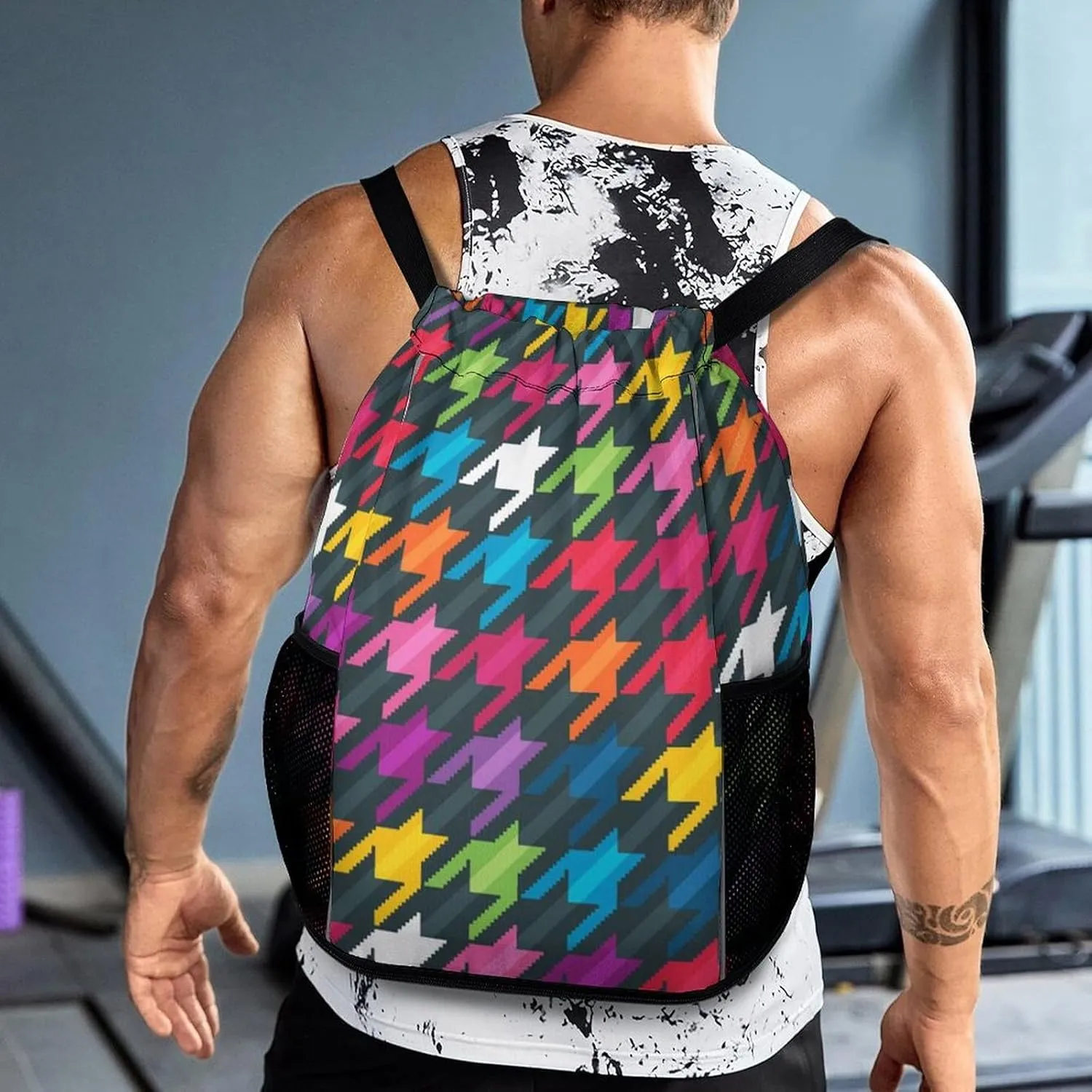 Drawstring Backpack Bag Sackpack Gym Bag Sport Beach Daypack Compatible with Houndstooth Plaid White Red Green Pattern for Men Women Cycling Hiking Team Training