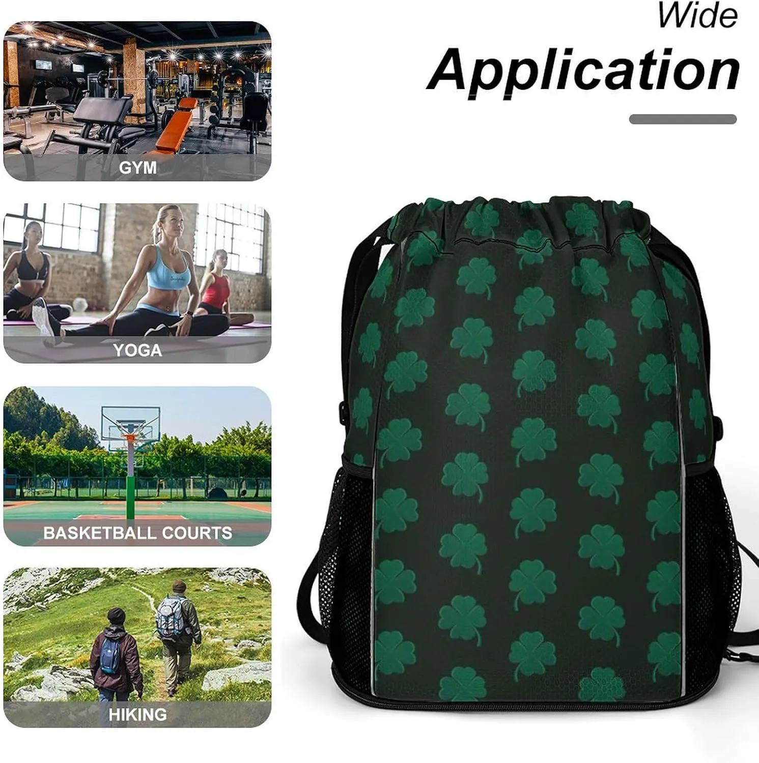 Drawstring Backpack Bag Sackpack Gym Bag Sport Beach Daypack Compatible with St Patricks Day Green Shamrock Clover Leaf Grass for Men Women Cycling Hiking Team Training