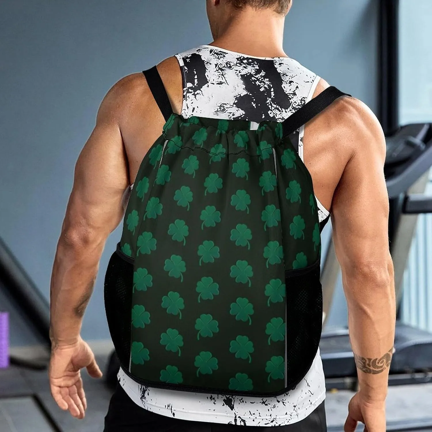 Drawstring Backpack Bag Sackpack Gym Bag Sport Beach Daypack Compatible with St Patricks Day Green Shamrock Clover Leaf Grass for Men Women Cycling Hiking Team Training