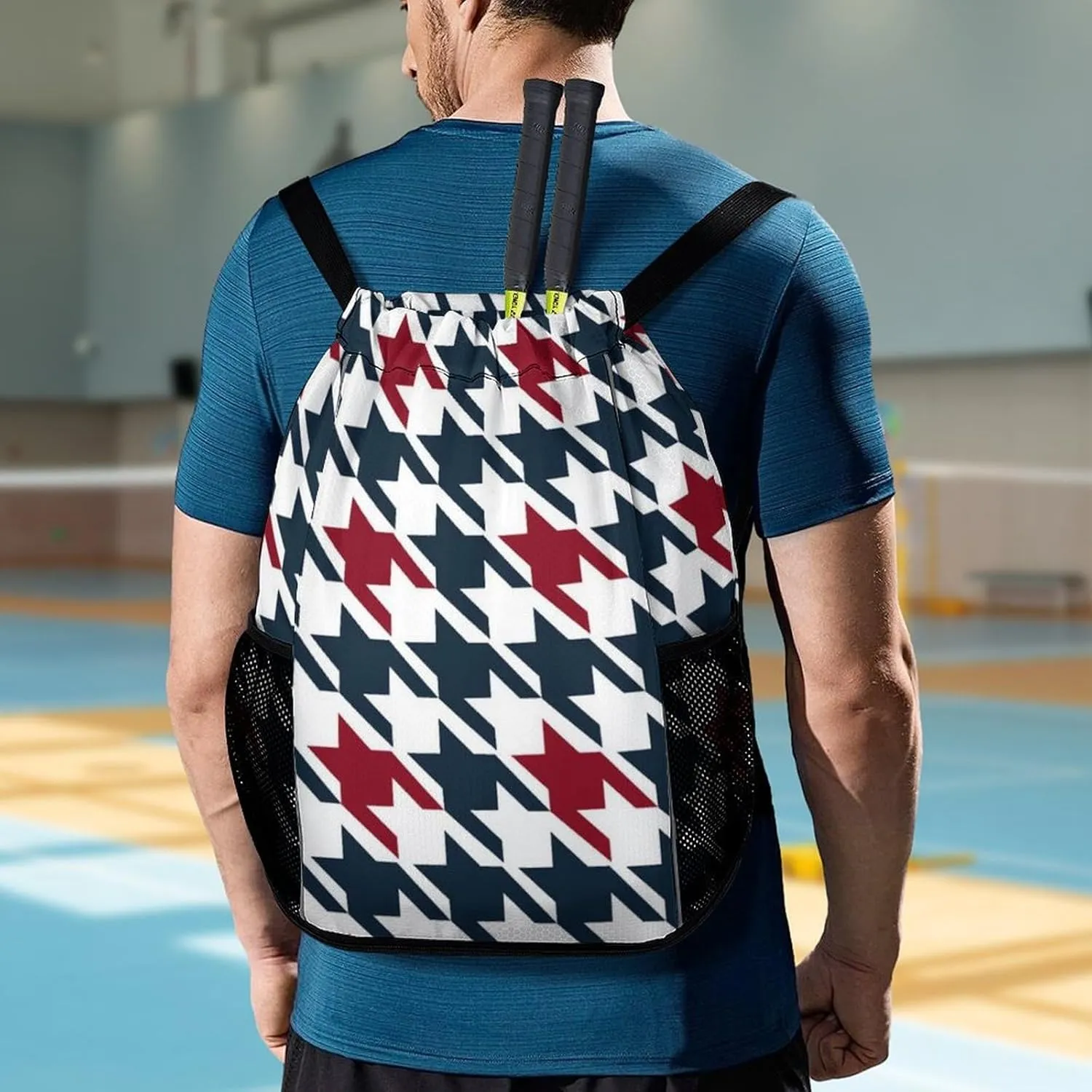 Drawstring Backpack Compatible with Red Black Classical Retro Houndstooth Pattern Gym Bag Men Womens Lightweight Drawstring Gym Backpack with Adjustable Shoulder Strap and Waterproof Compartment