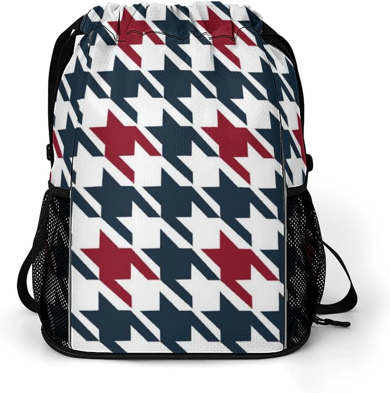 Drawstring Backpack Compatible with Red Black Classical Retro Houndstooth Pattern Gym Bag Men Womens Lightweight Drawstring Gym Backpack with Adjustable Shoulder Strap and Waterproof Compartment