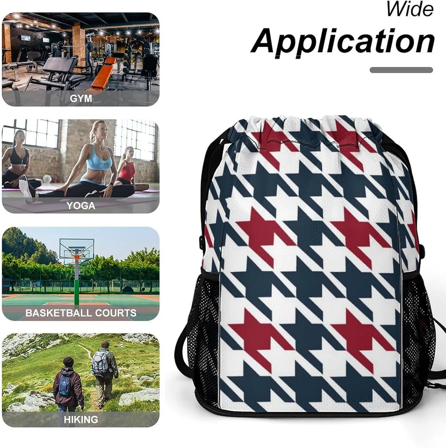 Drawstring Backpack Compatible with Red Black Classical Retro Houndstooth Pattern Gym Bag Men Womens Lightweight Drawstring Gym Backpack with Adjustable Shoulder Strap and Waterproof Compartment