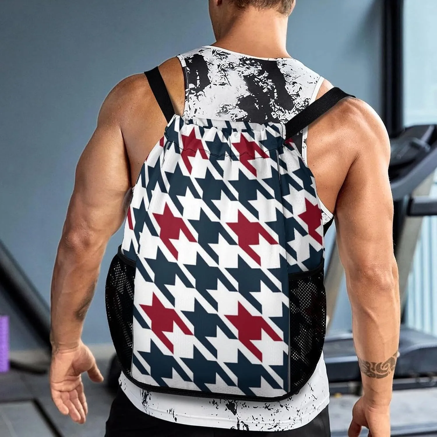 Drawstring Backpack Compatible with Red Black Classical Retro Houndstooth Pattern Gym Bag Men Womens Lightweight Drawstring Gym Backpack with Adjustable Shoulder Strap and Waterproof Compartment