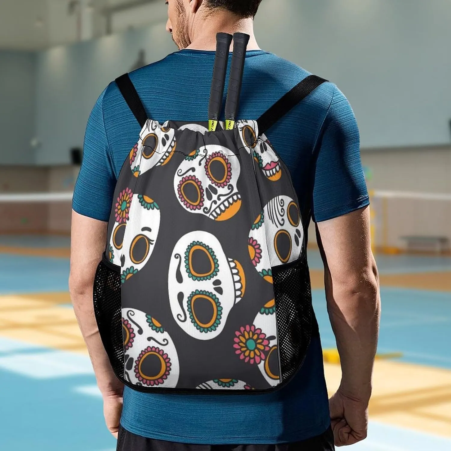 Drawstring Backpack Compatible with Skull Gym Bag Men Womens Lightweight Drawstring Gym Backpack with Adjustable Shoulder Strap and Waterproof Compartment