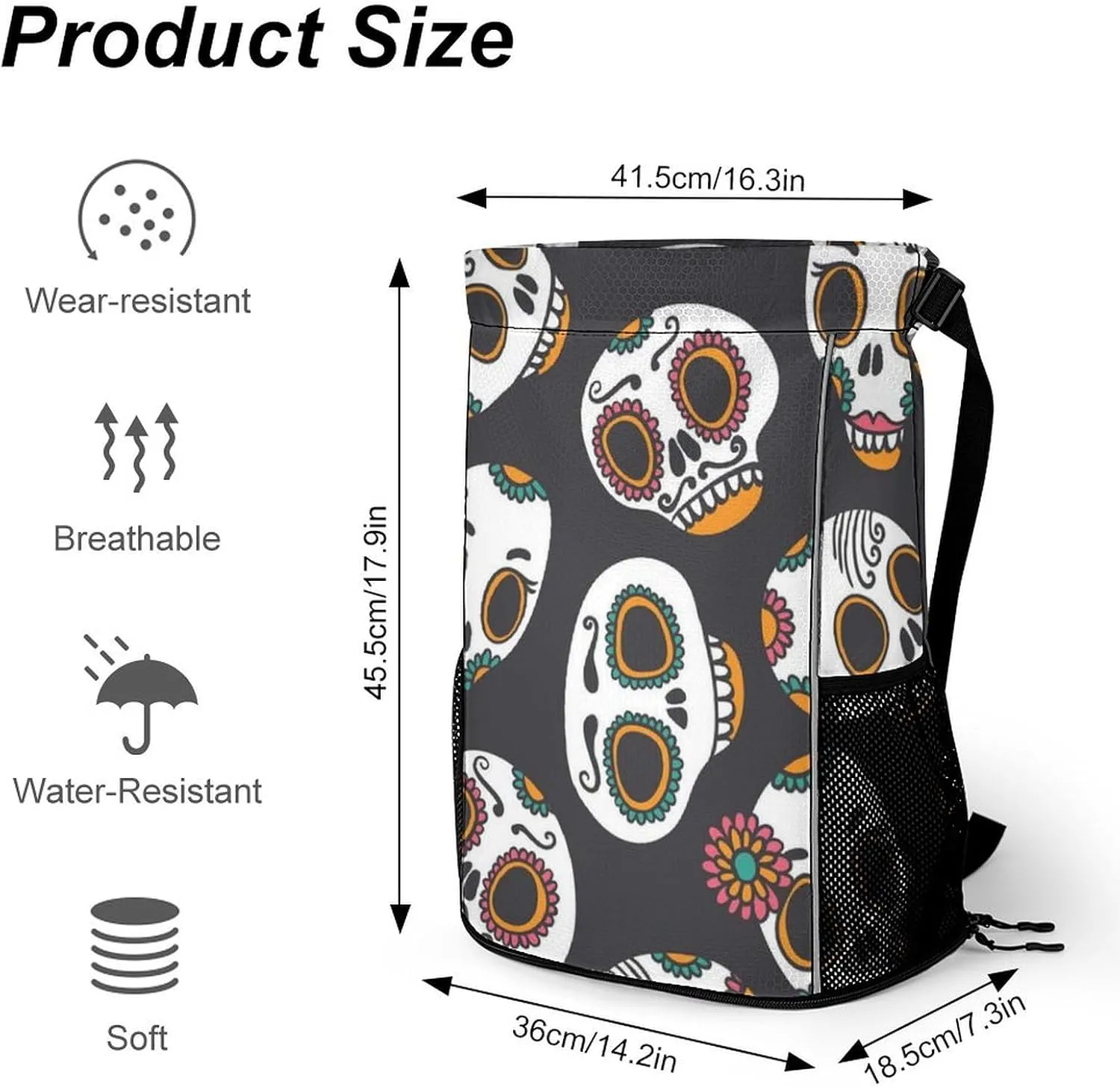 Drawstring Backpack Compatible with Skull Gym Bag Men Womens Lightweight Drawstring Gym Backpack with Adjustable Shoulder Strap and Waterproof Compartment