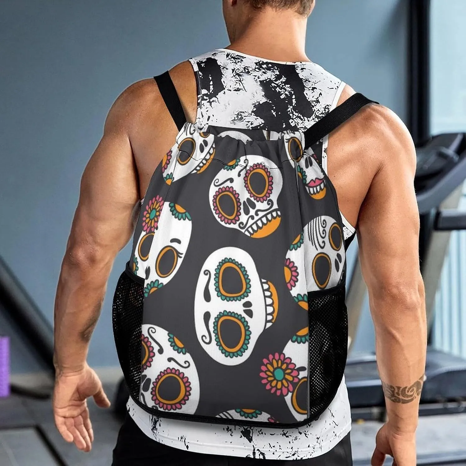 Drawstring Backpack Compatible with Skull Gym Bag Men Womens Lightweight Drawstring Gym Backpack with Adjustable Shoulder Strap and Waterproof Compartment