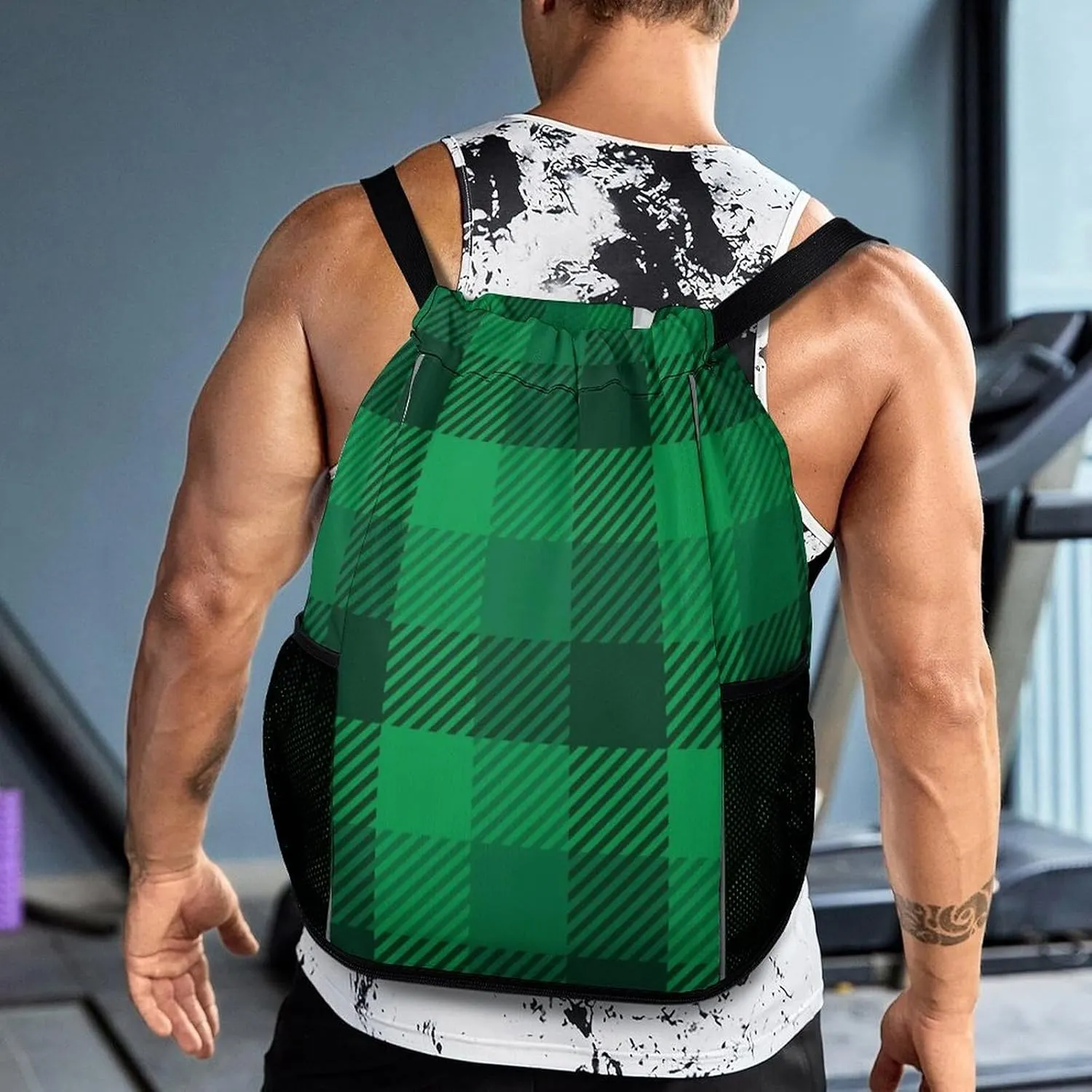 Drawstring Backpack Compatible with St Patricks Day Lumberjack Plaid Pattern Tartan Green Gym Bag Men Womens Drawstring Gym Backpack with Adjustable Shoulder Strap and Waterproof Compartment