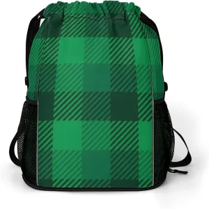 Drawstring Backpack Compatible with St Patricks Day Lumberjack Plaid Pattern Tartan Green Gym Bag Men Womens Drawstring Gym Backpack with Adjustable Shoulder Strap and Waterproof Compartment