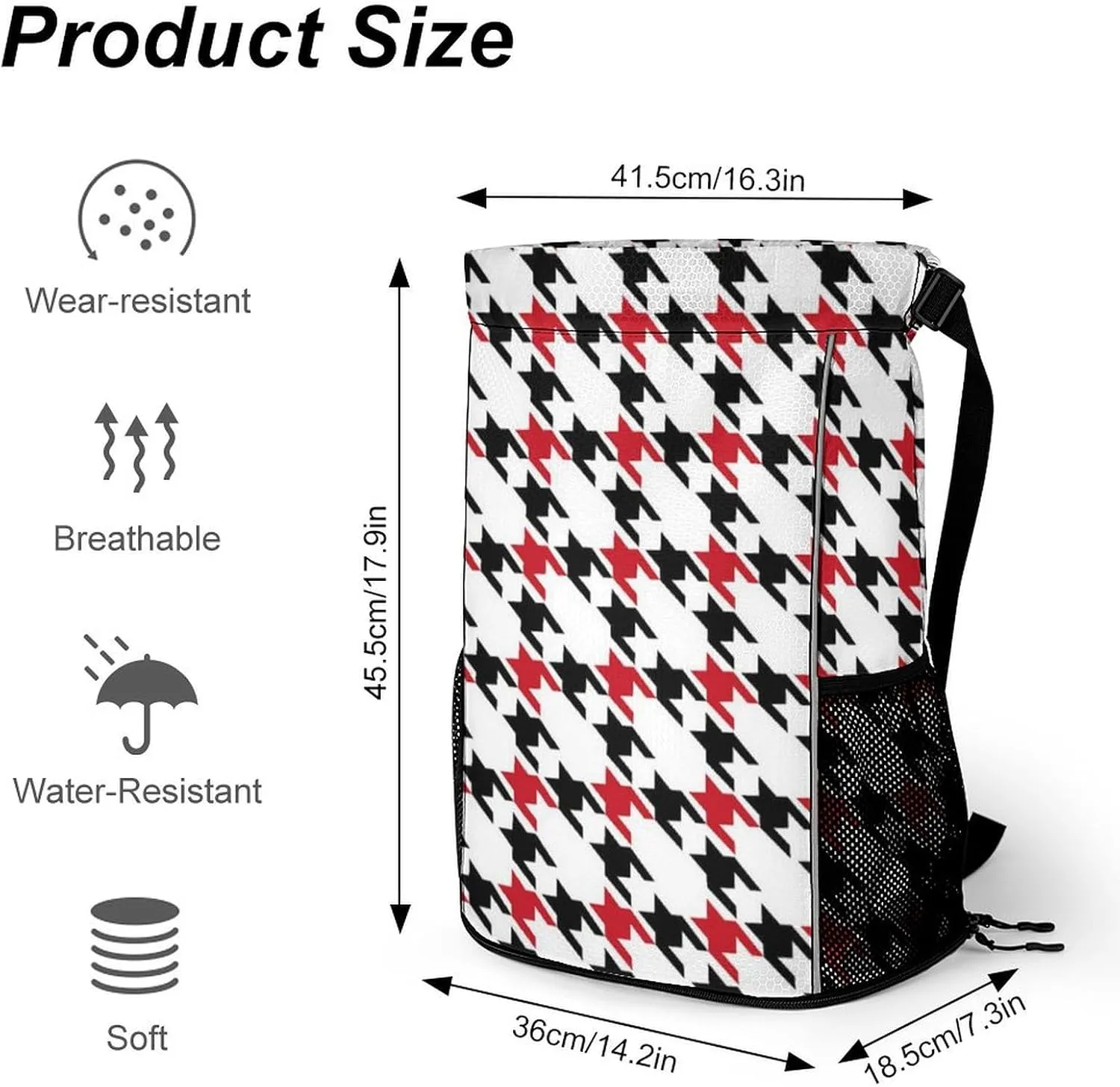 Drawstring Backpack Large Capacity String Sports Bag Compatible with Black And Red Houndstooth In Patchwork Style Gym Sack Bag with Zipper Pocket Shoes Compartment for Training Hiking Training