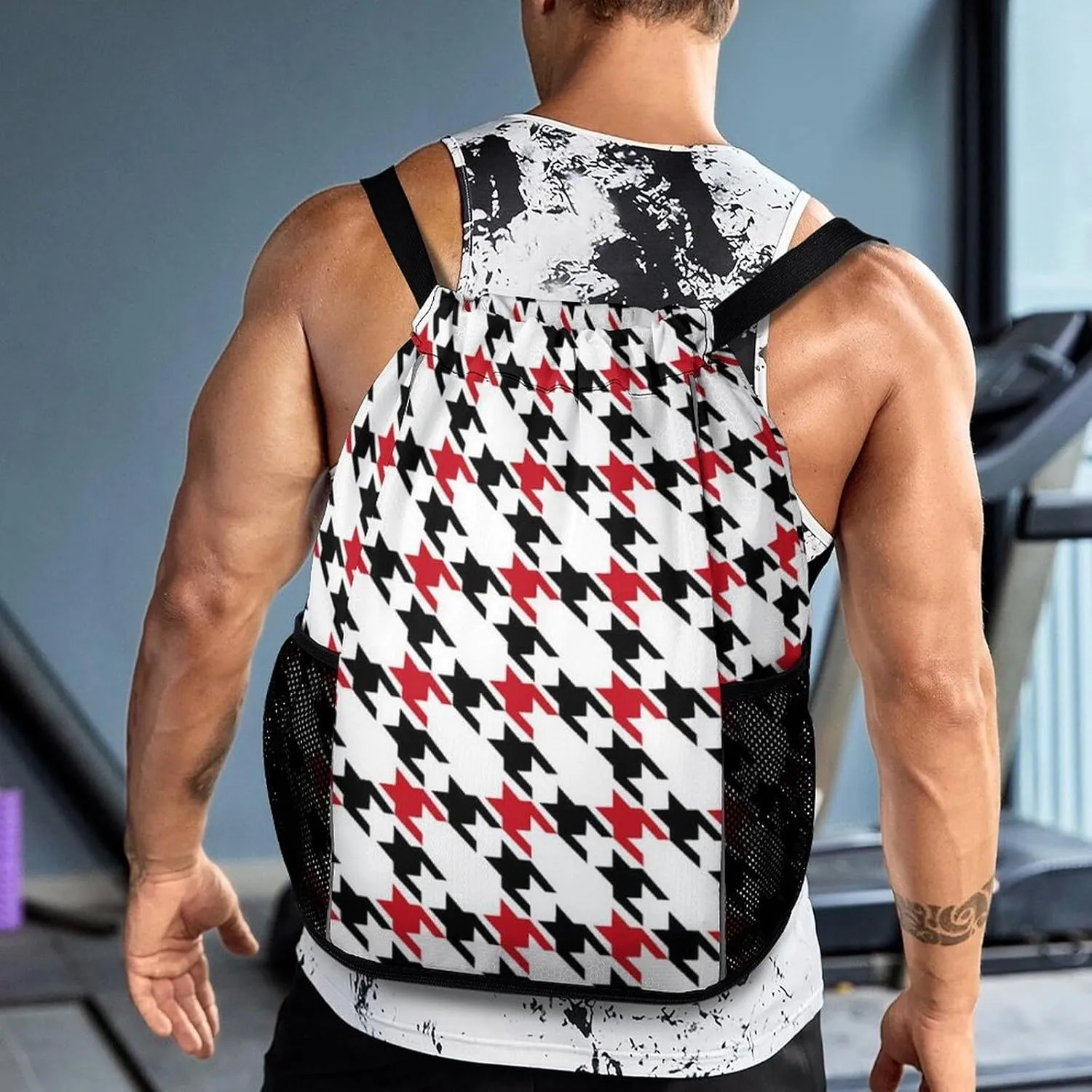 Drawstring Backpack Large Capacity String Sports Bag Compatible with Black And Red Houndstooth In Patchwork Style Gym Sack Bag with Zipper Pocket Shoes Compartment for Training Hiking Training