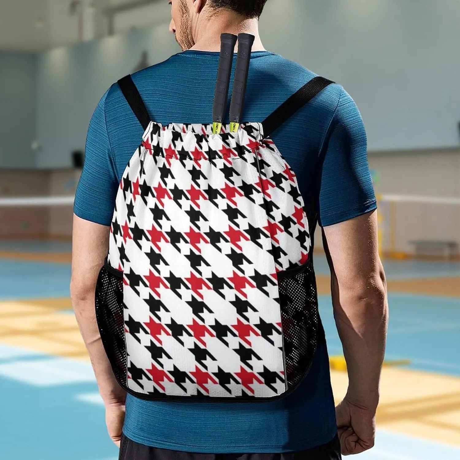 Drawstring Backpack Large Capacity String Sports Bag Compatible with Black And Red Houndstooth In Patchwork Style Gym Sack Bag with Zipper Pocket Shoes Compartment for Training Hiking Training