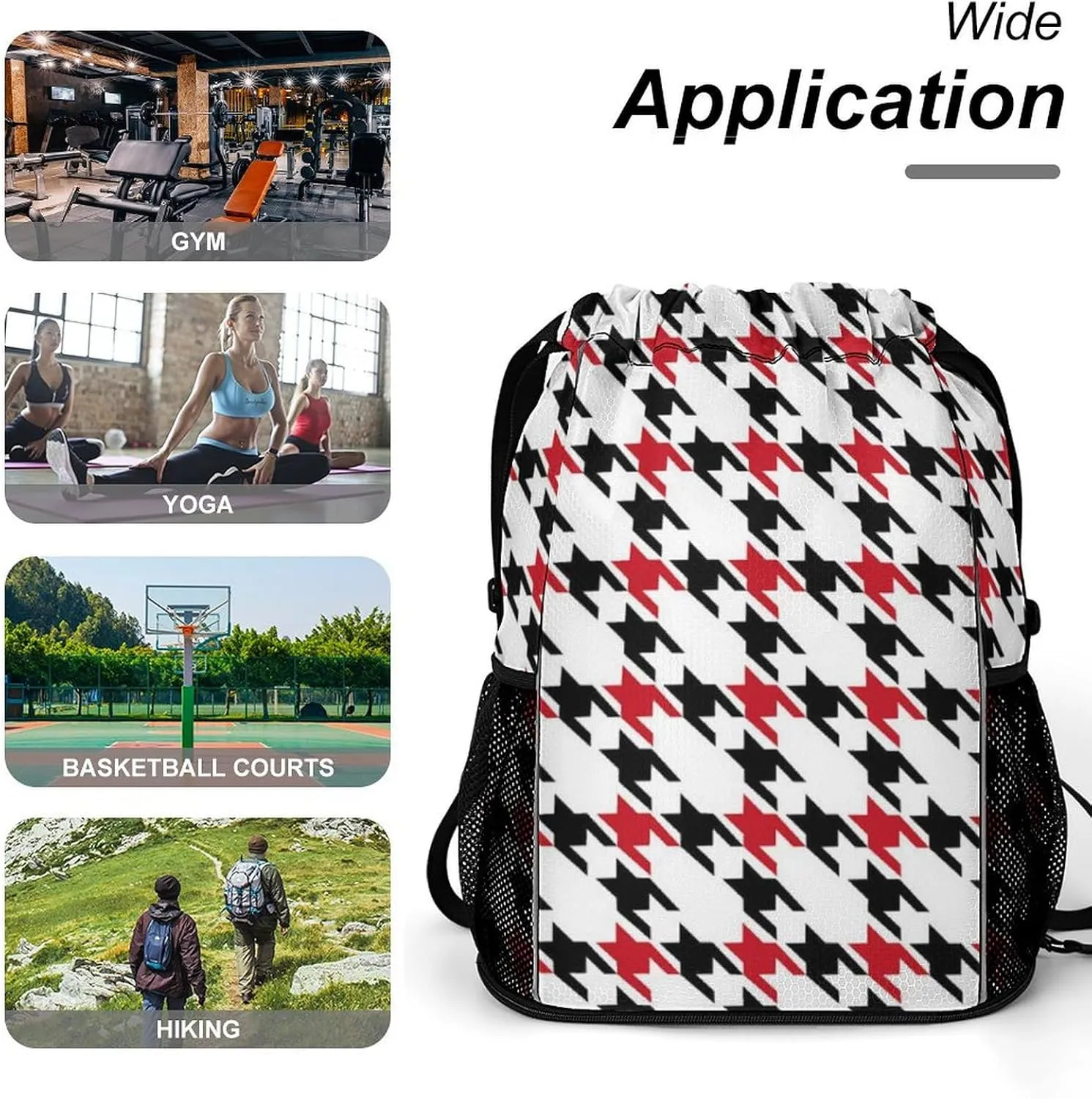 Drawstring Backpack Large Capacity String Sports Bag Compatible with Black And Red Houndstooth In Patchwork Style Gym Sack Bag with Zipper Pocket Shoes Compartment for Training Hiking Training