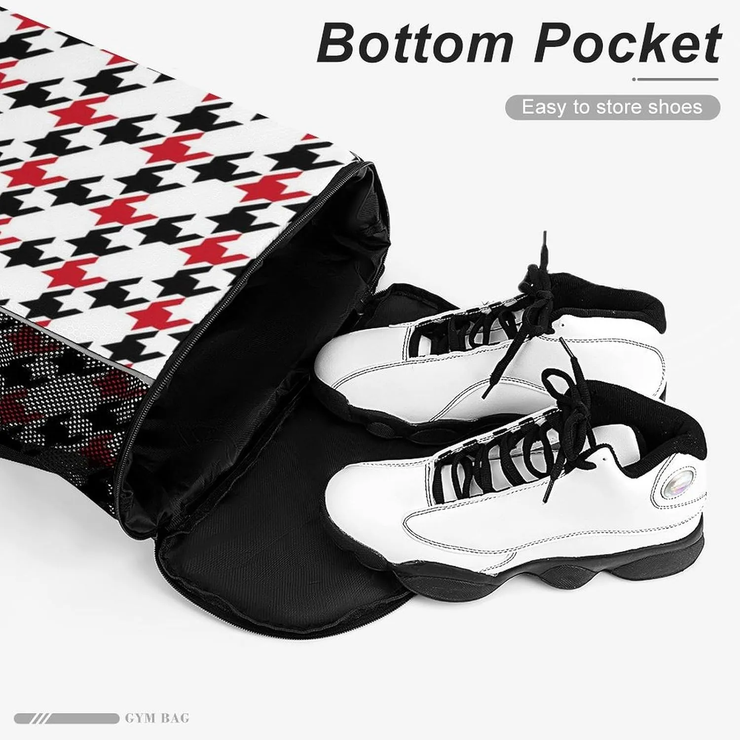 Drawstring Backpack Large Capacity String Sports Bag Compatible with Black And Red Houndstooth In Patchwork Style Gym Sack Bag with Zipper Pocket Shoes Compartment for Training Hiking Training