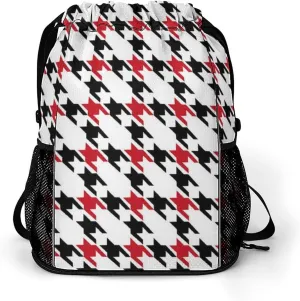 Drawstring Backpack Large Capacity String Sports Bag Compatible with Black And Red Houndstooth In Patchwork Style Gym Sack Bag with Zipper Pocket Shoes Compartment for Training Hiking Training