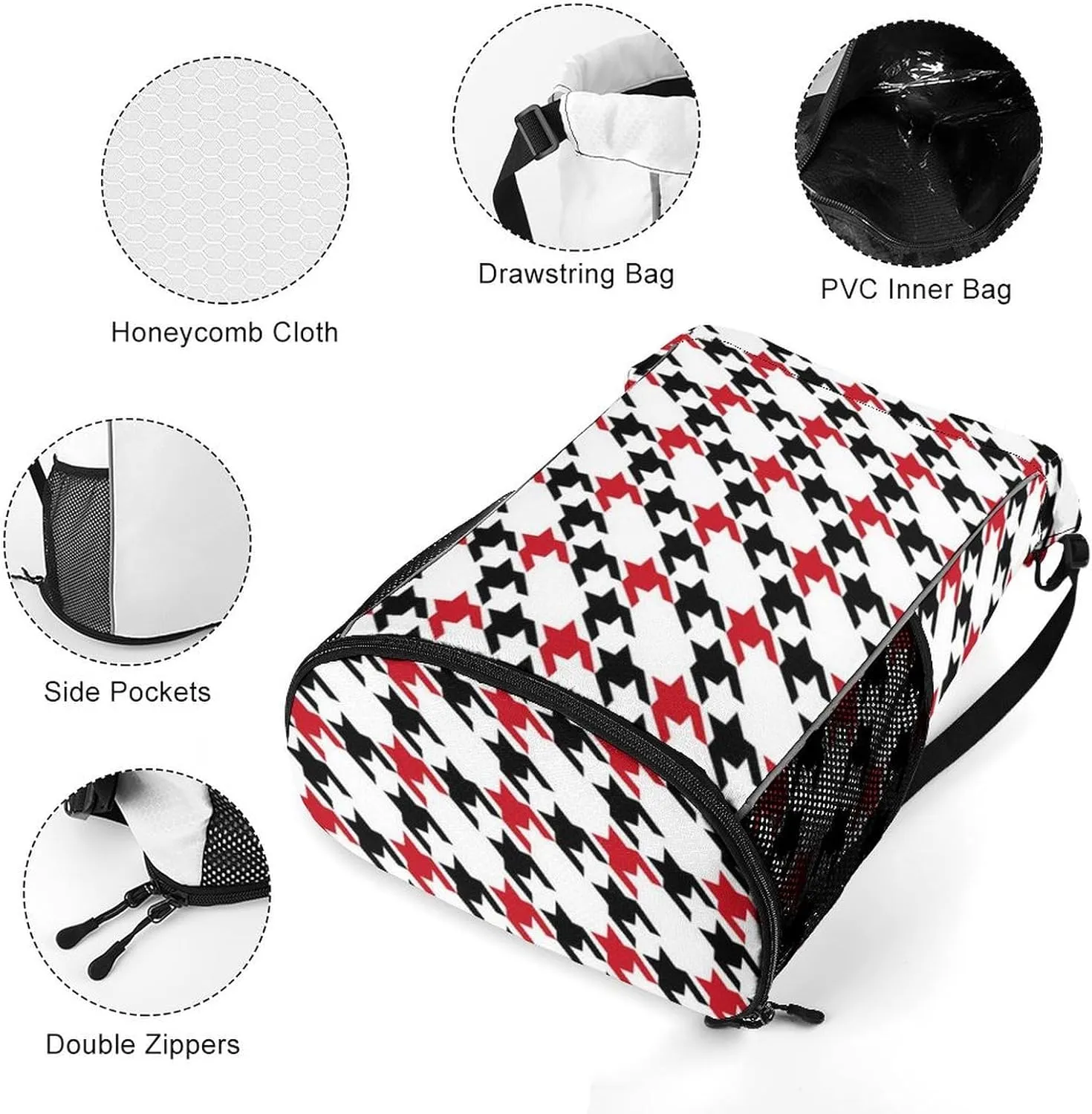 Drawstring Backpack Large Capacity String Sports Bag Compatible with Black And Red Houndstooth In Patchwork Style Gym Sack Bag with Zipper Pocket Shoes Compartment for Training Hiking Training