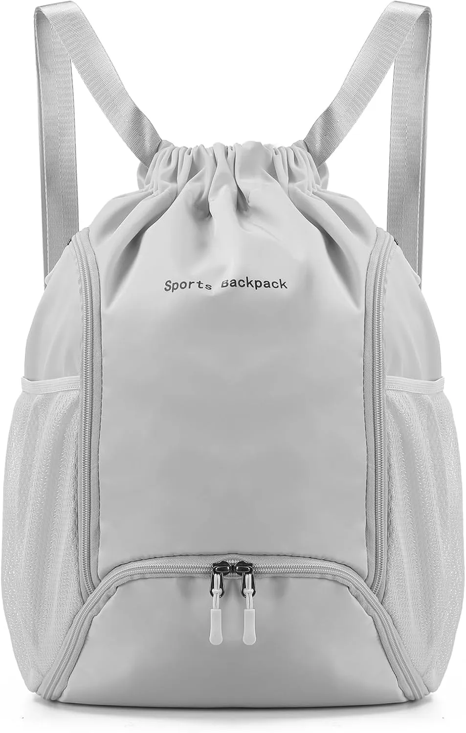 Drawstring Backpack Sports Gym Bag with Shoe Compartment Water-Resistant Large Capacity String Backpack Side Mesh Pocket for Men Women Grey
