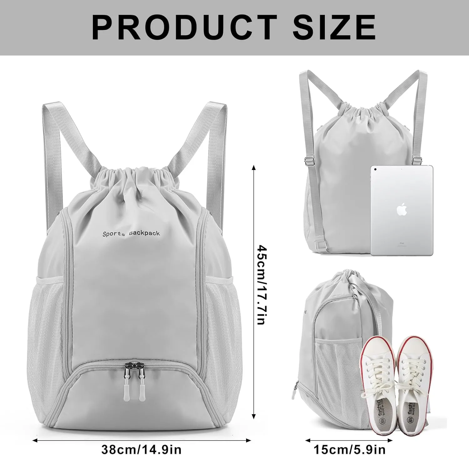 Drawstring Backpack Sports Gym Bag with Shoe Compartment Water-Resistant Large Capacity String Backpack Side Mesh Pocket for Men Women Grey