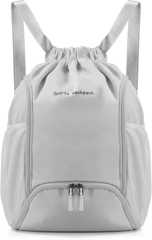 Drawstring Backpack Sports Gym Bag with Shoe Compartment Water-Resistant Large Capacity String Backpack Side Mesh Pocket for Men Women Grey