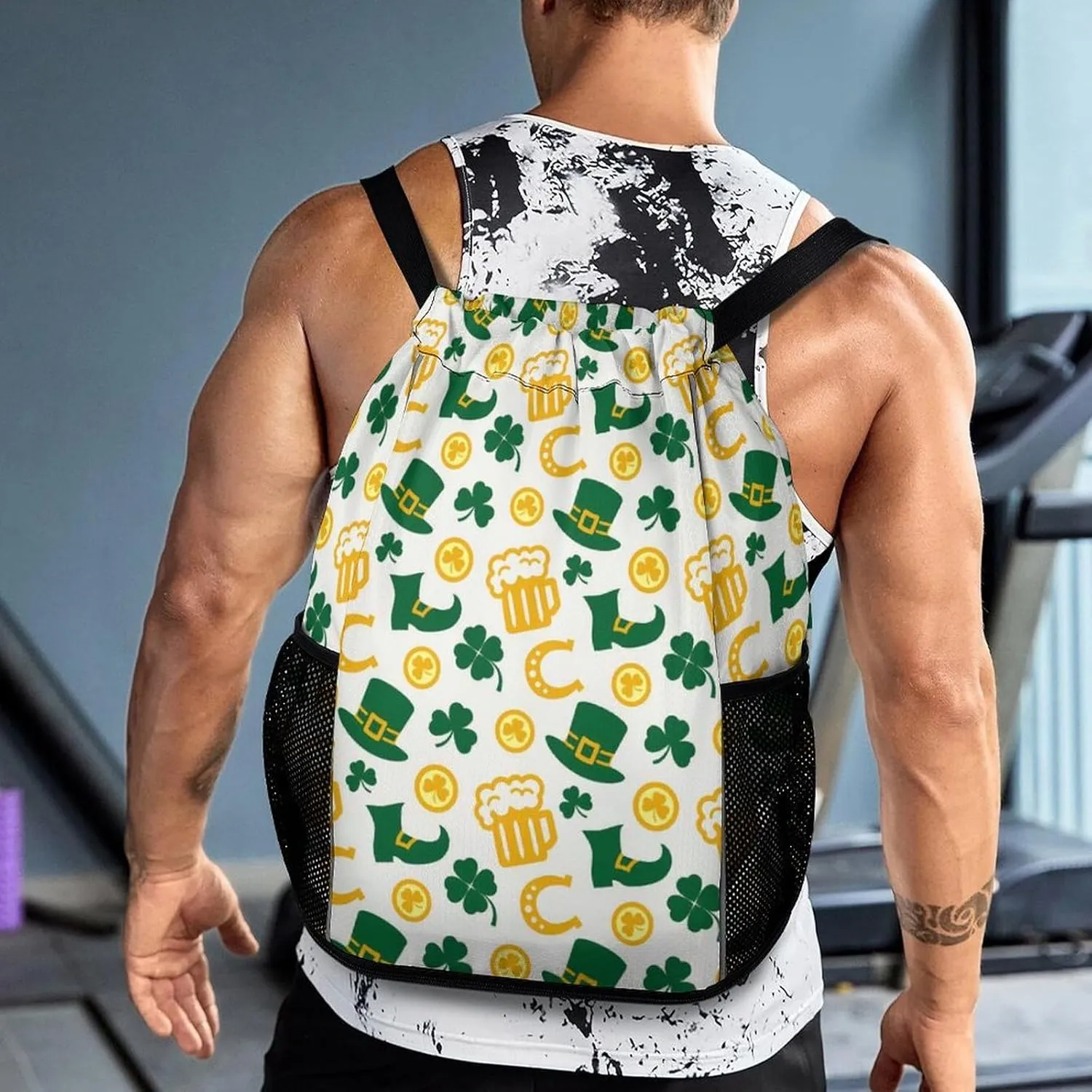 Drawstring Backpack String Bag Compatible with Happy St Patricks Day Clover Beer Gold Horseshoe White Sport Sackpack Gym Backpack Workout Bag Lightweight Sackpack Beach Bag for Men Women